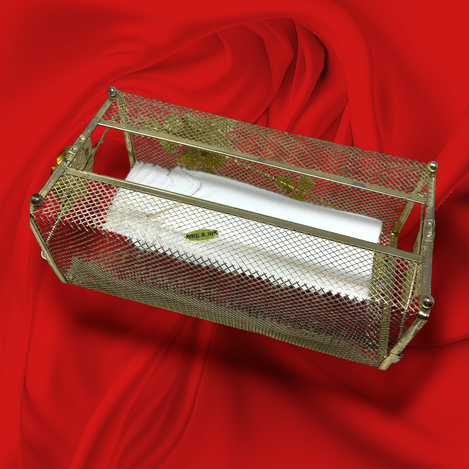 Vtg Hollywood Regency Gold Metal Mesh Tissue Box Cover Holder Floral Roses MCM  - Picture 4 of 5