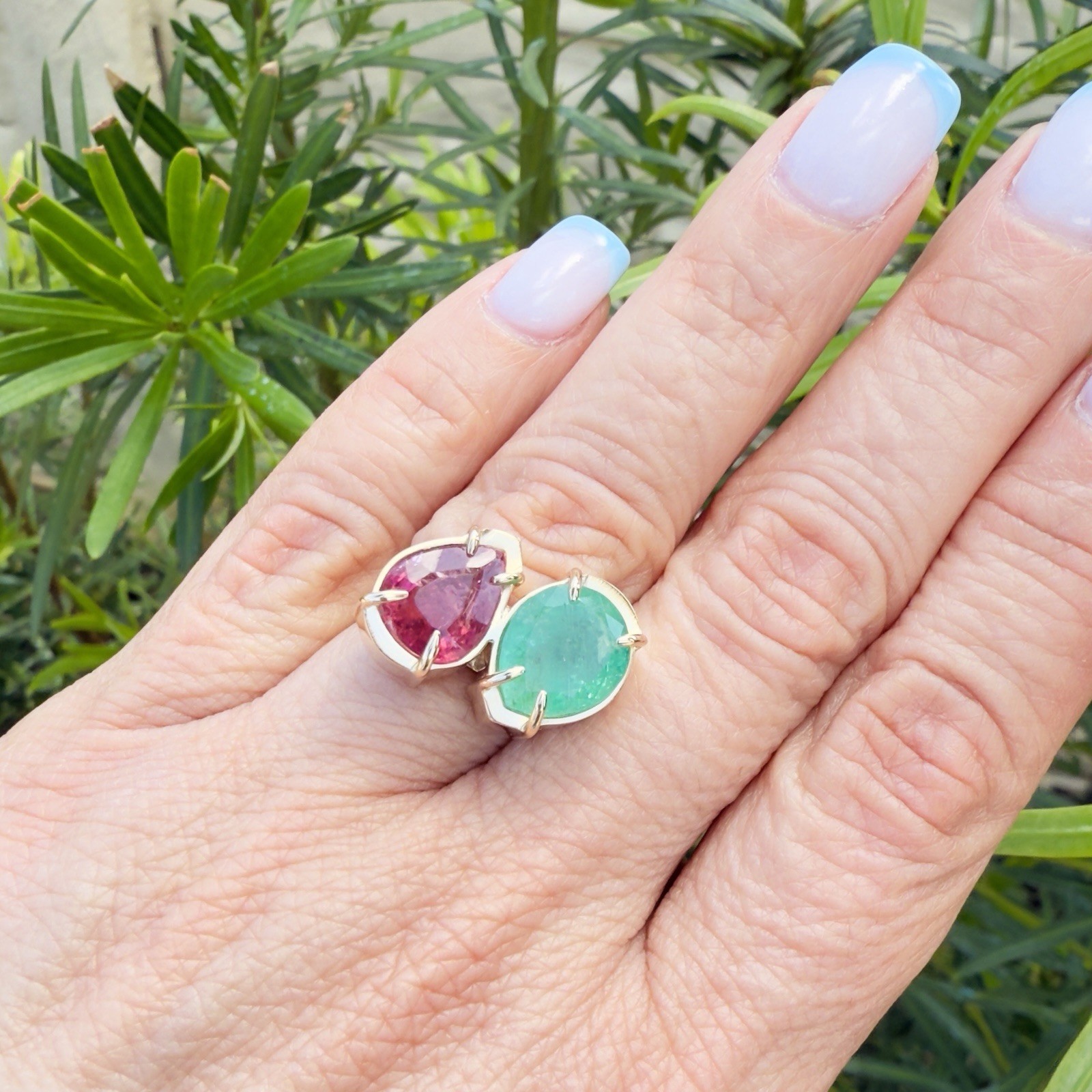 14k Yellow Gold Genuine Emerald & Pink Tourmaline Modernist Ring, New Size 6.5 - Picture 13 of 14