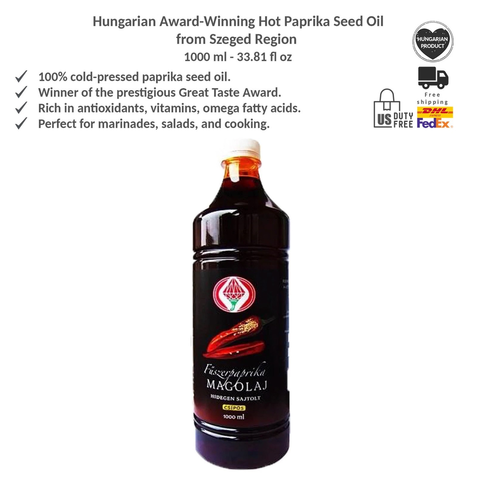 Hungarian Cold Pressed Hot Paprika Seed Oil, Szeged Region - Rubin - 1000ml - Picture 1 of 4