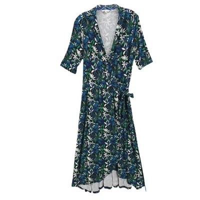BODEN Lavinia Wrap Dress Stretch Jersey Black Green Blue Leaf Print Size US 12 R