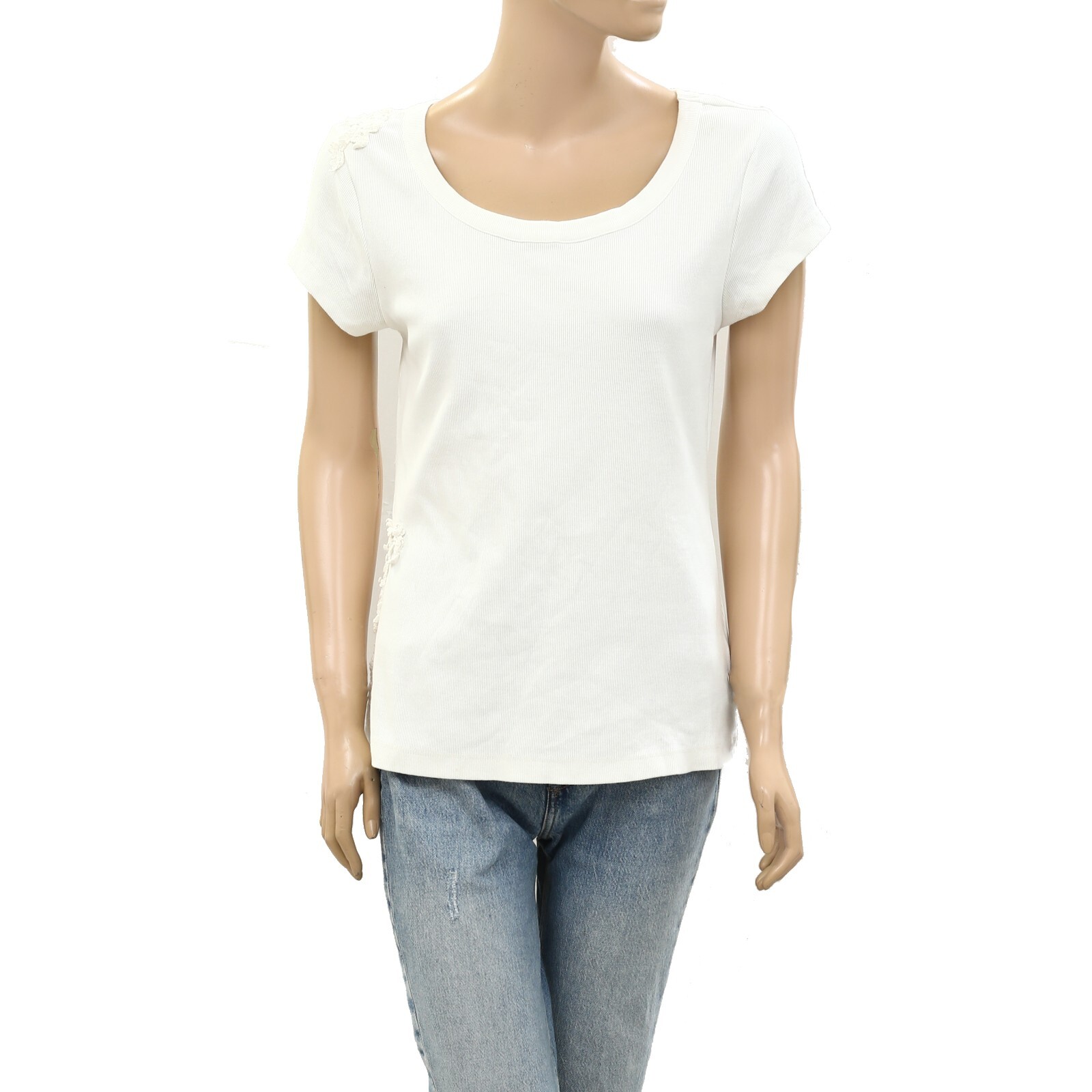 By Anthropologie Lace Appliqué Ribbed Blouse Top Short