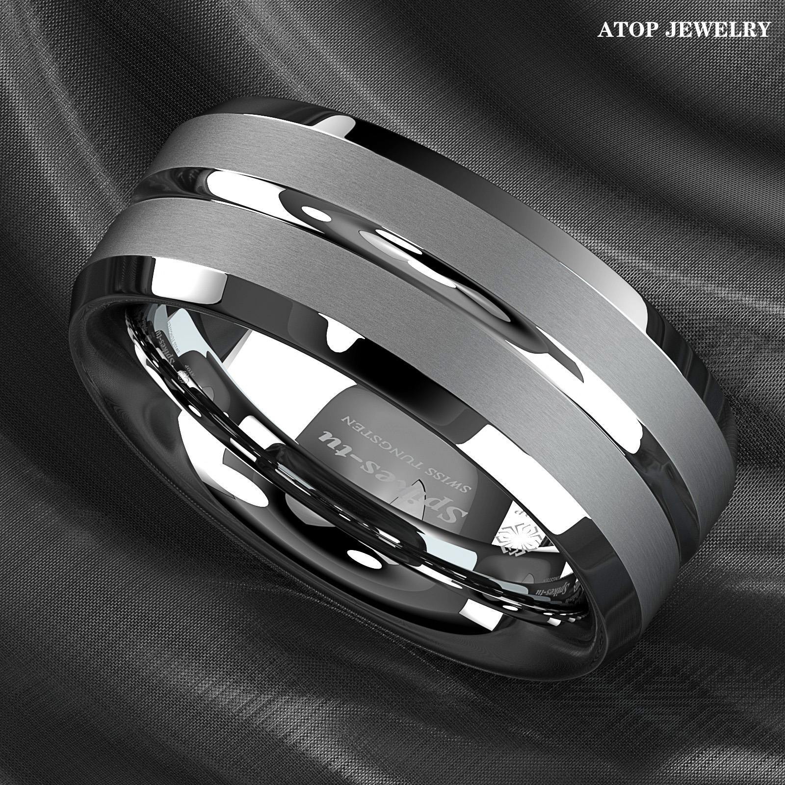 8mm Siver  Tungsten Men Channel Stripe Center Comfort Fit ATOP Wedding Band Ring
