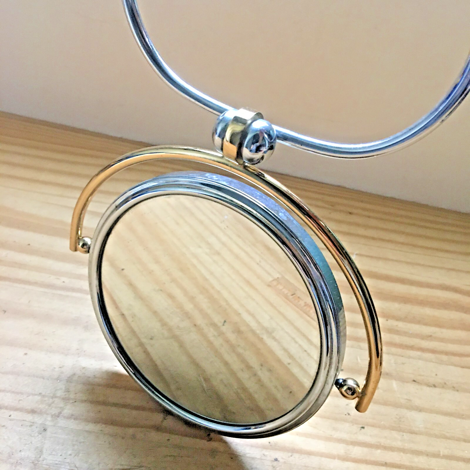Vintage Metal double-sided magnifying mirror w/ Hinged Handle Wall Hanging 5.5"D
