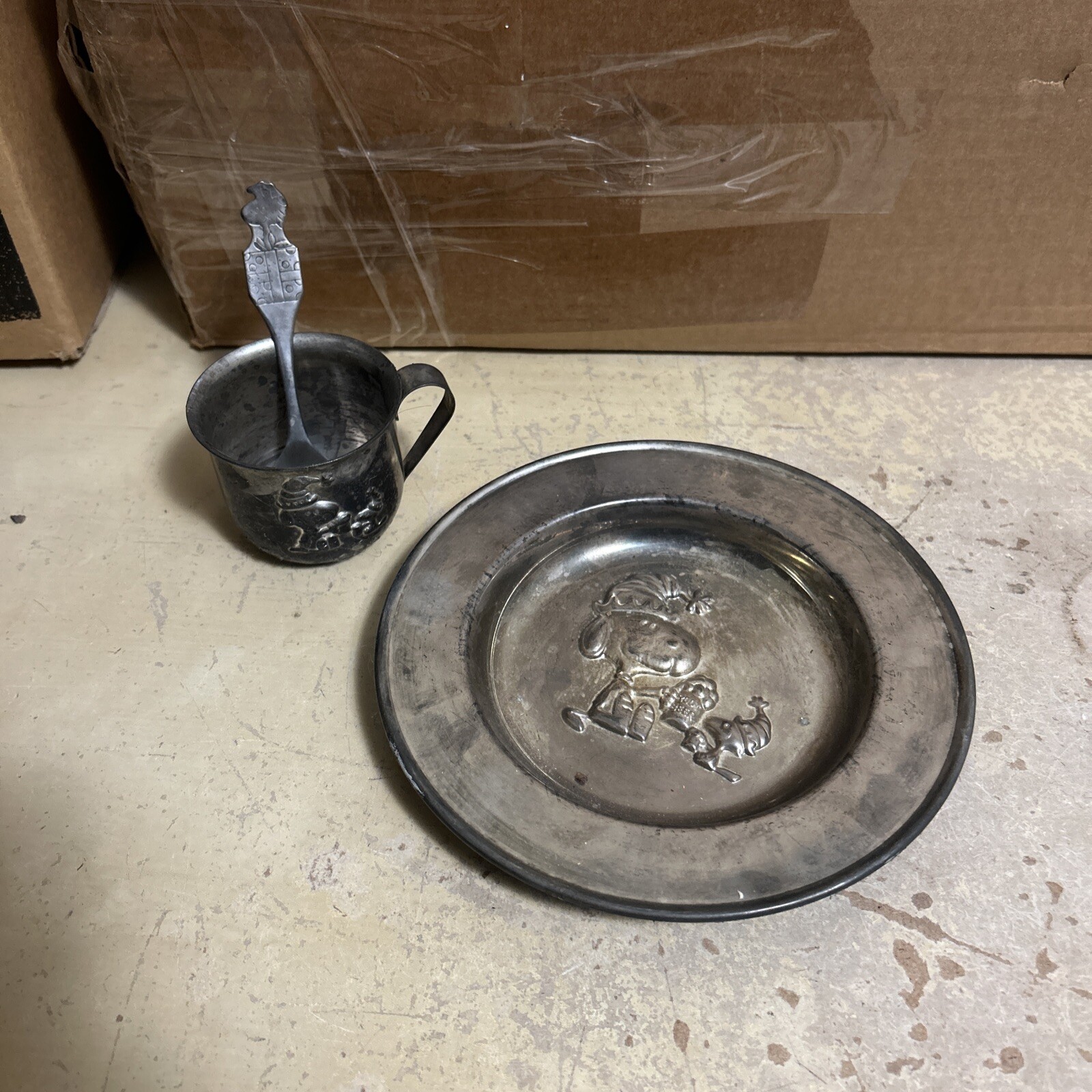 Vintage Snoopy & Woodstock Silverplate Cup, spoon & Plate Set 1958-1966
