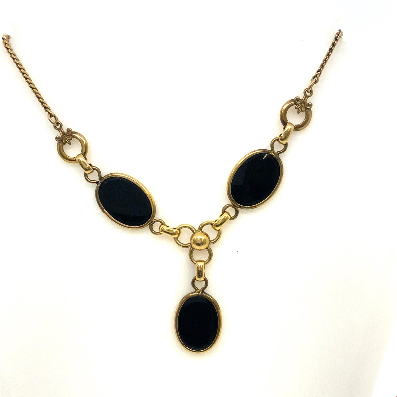 Vintage Signed 12k Gold Filled Amco Black Onyx Link Chain Festoon Necklace sz 18