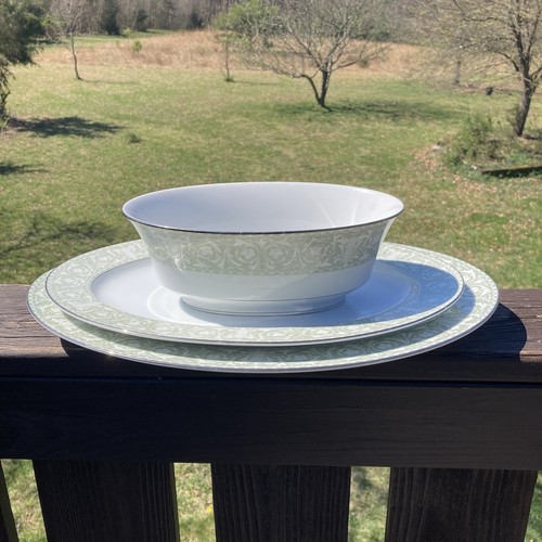 2 Sango China Buckingham Meat Platter Green Rim Design With Silver Trim&Veg Bowl