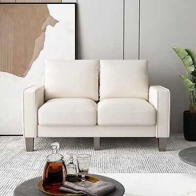 Loveseat Sofa Linen Fabric Small Comfy Couch with 2 Seat Cushions Beige