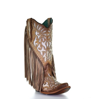 Pre-owned Corral Boots Corral Ladies Saddle Brown Lamb Inlay Embroidery & Fringe Boots C3766