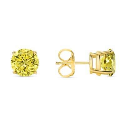 Pre-owned Shine Brite With A Diamond 3 Ct Round Cut Canary Earrings Studs Solid Real 18k Yellow Gold Push Back Basket