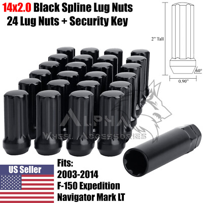 24 Black Spline 14x2.0 Lug Nuts For Ford F-150 Expedition Lincoln Navigator +Key