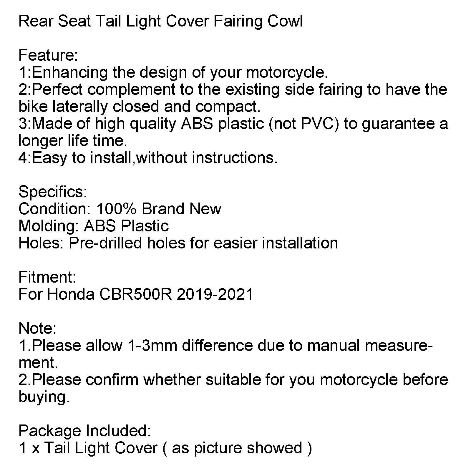 Rear Seat Tail Light Cover Fairing Cowl for Honda CBR500R 2019-2021 Carbon