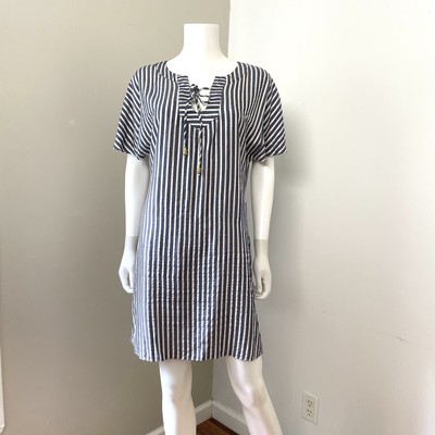 Alice & Trixie Size M Dress Tunic Stripe Shift Short Sleeve Tie Neck Tassels