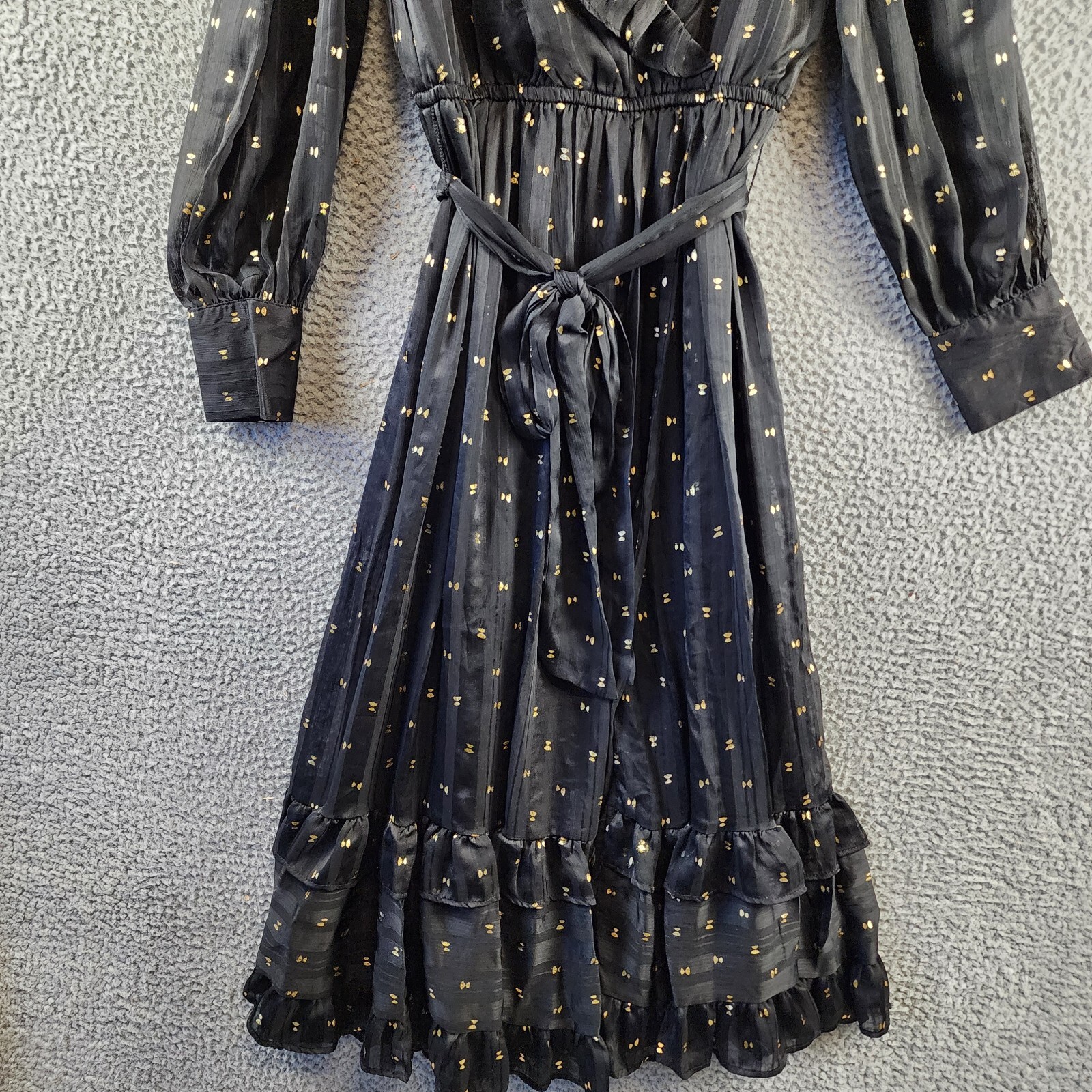 AQUA Ruffle Trim Clip Dot Midi Wrap Dress Women's XS Black/Gold Long Sleeve - Picture 4 of 14