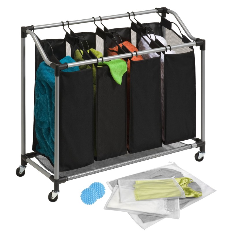 UPC 747925248475 product image for Laundry Sorter And Organizer Bag Kit Silver And Black Rolling Triple Sorter | upcitemdb.com