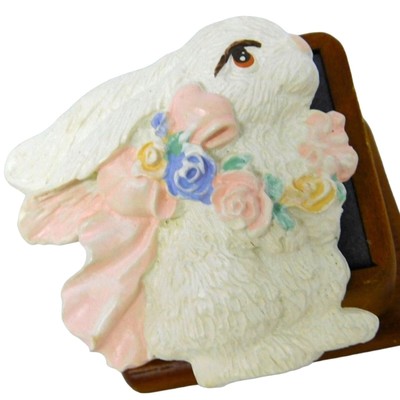 Large Bunny Brooch Easter Puffy Ceramic Statement White Pastel Color Flowers Bow