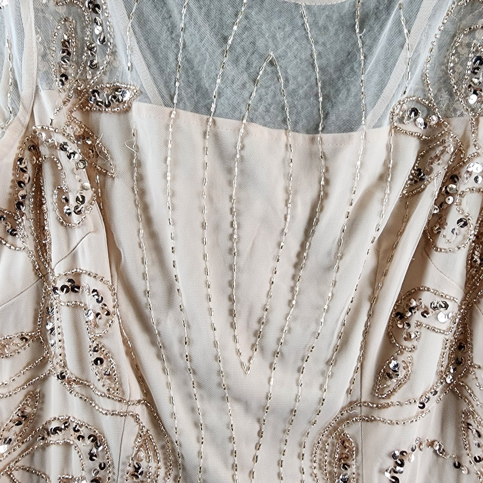 Papell Studio Beaded Cocktail Dress Women's 10 Beige Boat Neck Back Zip Closure - Picture 5 of 17