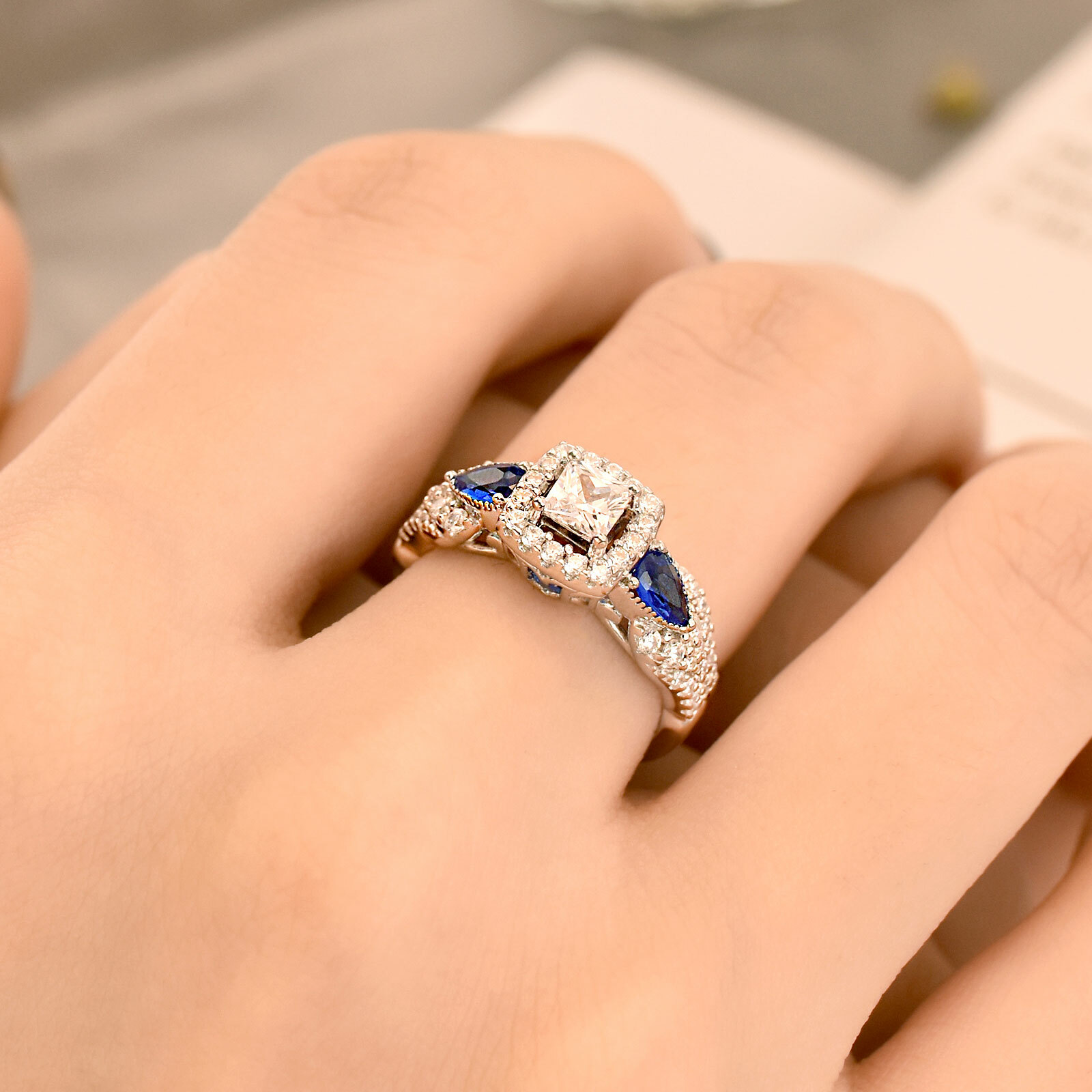 3 Stone Blue Sapphire Women Silver Ring Engagement Ring Sterling Silver