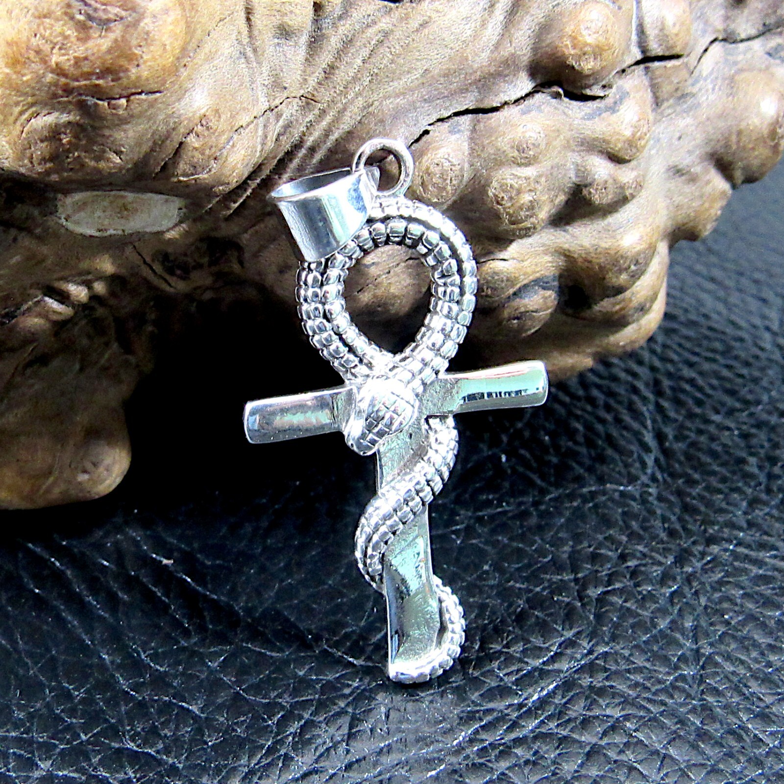 Solid 925 Sterling Silver Serpent Snake Egyptian Ankh