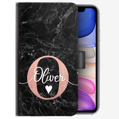 Pink Initial Phone Case;Personalised Black Marble PU Leather Cover With Name