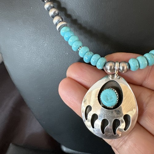 Pre-owned Handmade Mens Blue Turquoise Bearpaw Pendant Navajo Pearls Sterling Silver Necklace 17880