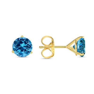 Pre-owned Shine Brite With A Diamond 5 Ct Round Cut Blue Earrings Studs Solid Real 14k Yellow Gold Push Back Martini