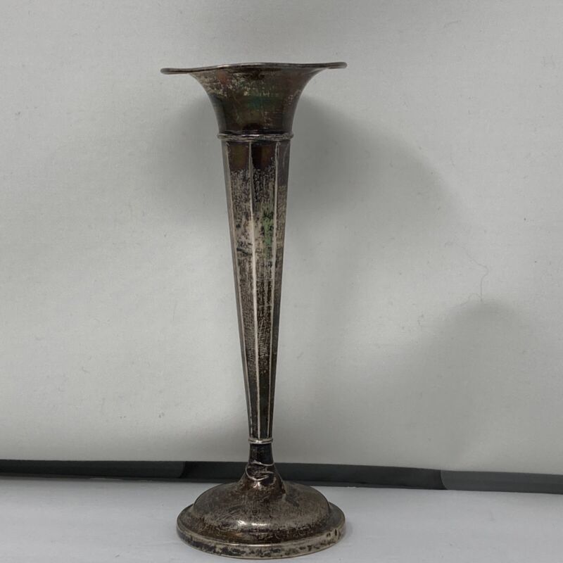 Sterling Silver Fluted Trumpet Bud Vase Weighted Base Stand Vintage Patina