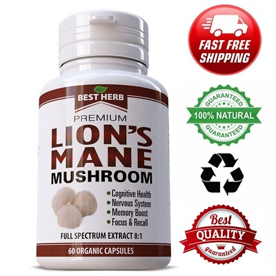 Organic Lions Mane Mushroom Pure Extract Pills Cognitive Supplement 60 Capsules