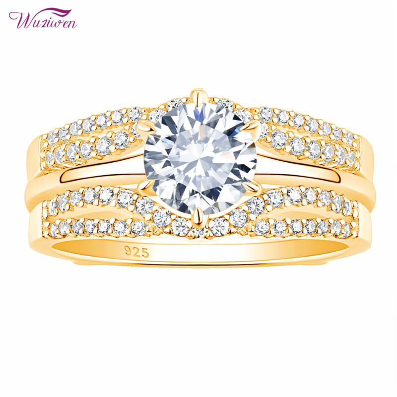 Wuziwen Wedding Band Enhancer Engagement Ring Set Yellow Gold Sterling Silver Cz