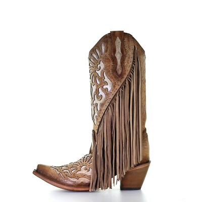 Pre-owned Corral Boots Corral Ladies Saddle Brown Lamb Inlay Embroidery & Fringe Boots C3766