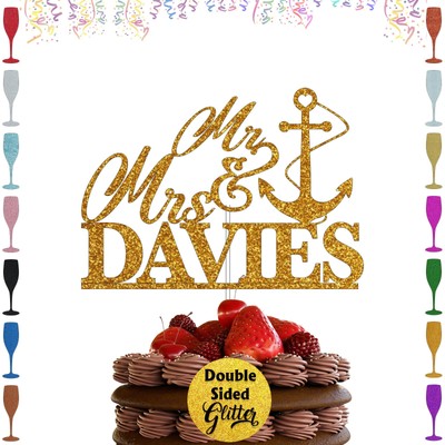 Personalized Mr & Mrs Wedding Glitter Cake Topper Anchor Design Party Decoration