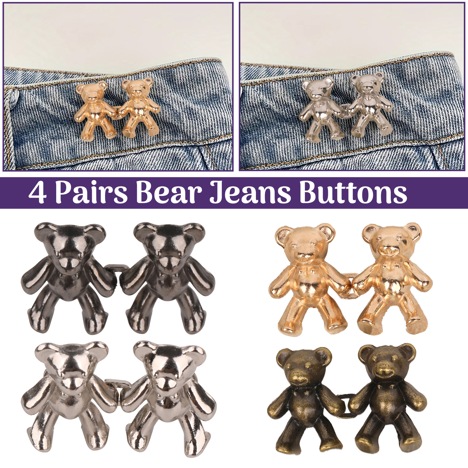 4 Paar Bär Taille Schnallen Jeans Einsteller Knöpfe für Lockere Hose Clips Damen