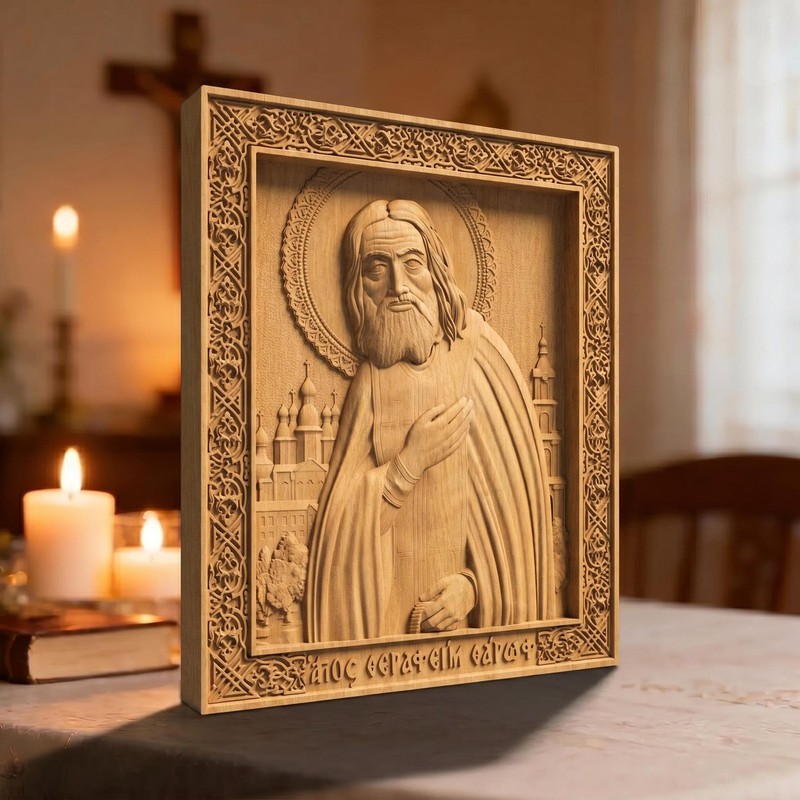 Saint Seraphim of Sarov Wooden Carved Handmade Byzantine Orthodox Christian Icon