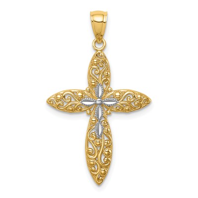 Solid 14K Yellow Gold White Rhodium Diamond Cut Passion Cross Pendant - 30mm