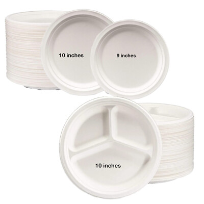 SUPER RIGID STRONG DISPOSABLE BAGASSE WHITE BIODEGRADEABLE PAPER PARTY PLATES