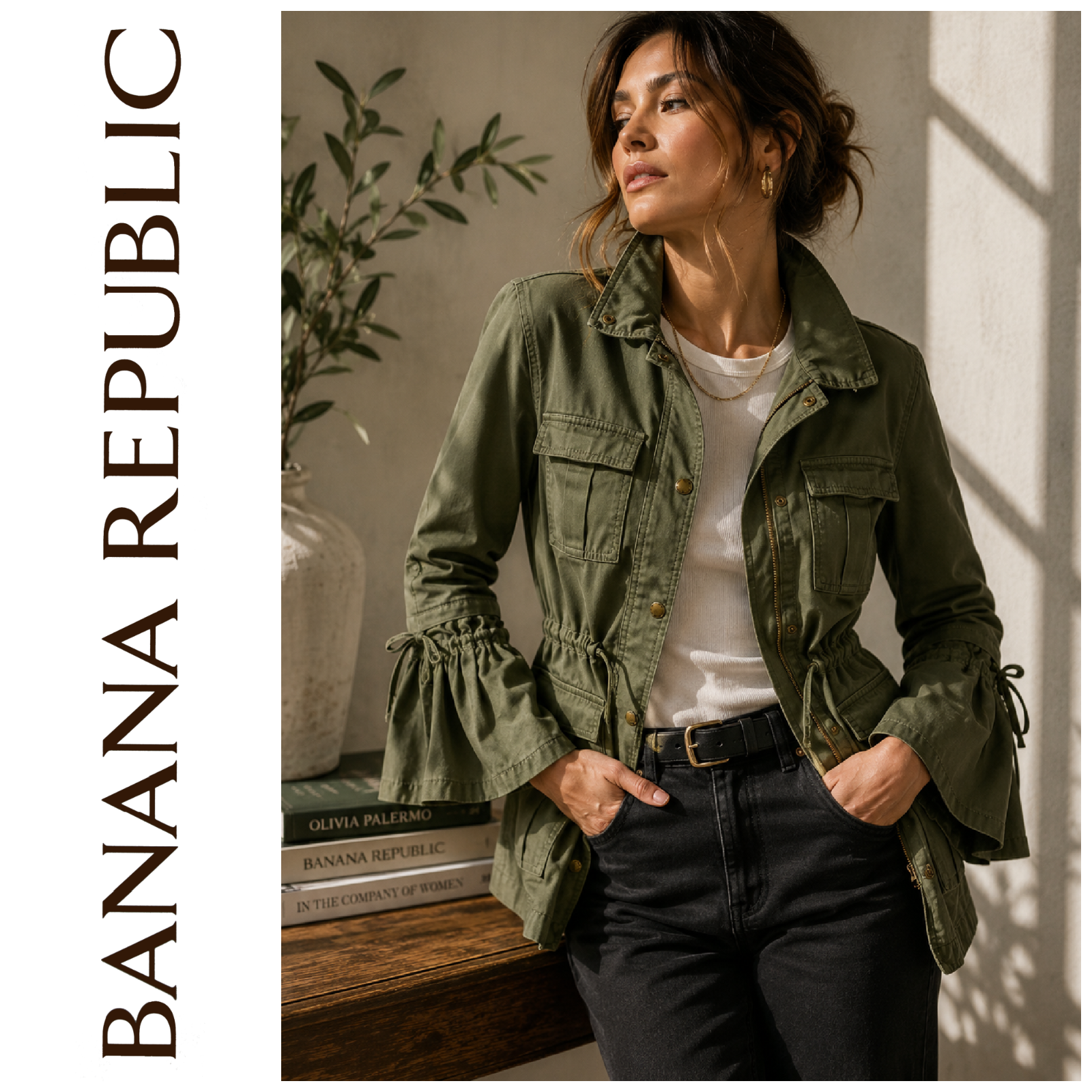 Banana Republic x Olivia Palermo XS Green Ruffle Utility Jacket Military 2017