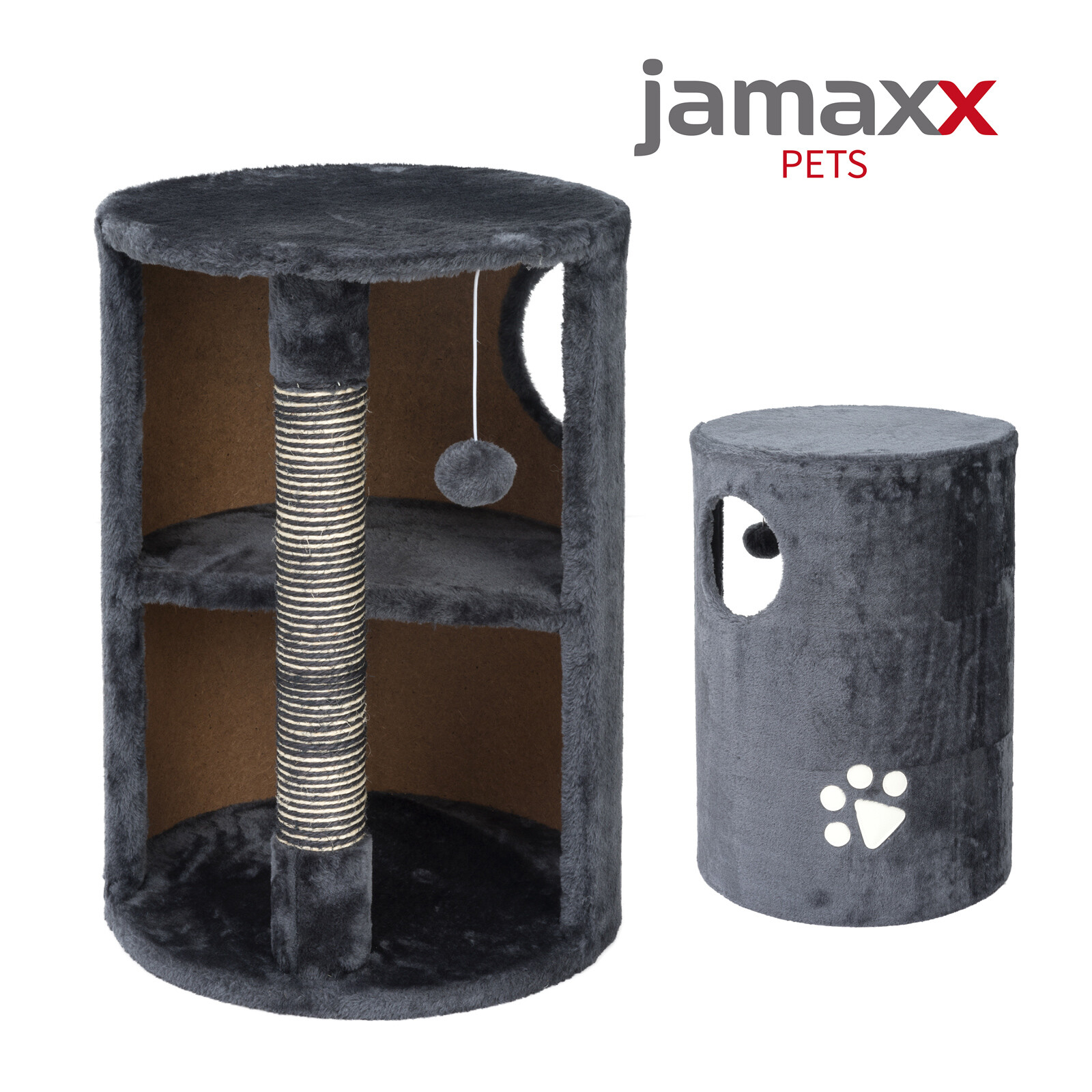 JAMAXX Katzen Kratztonne H 58 cm,Weiches Soft-Plüsch, Spieltonne Kontrast-Sisal 