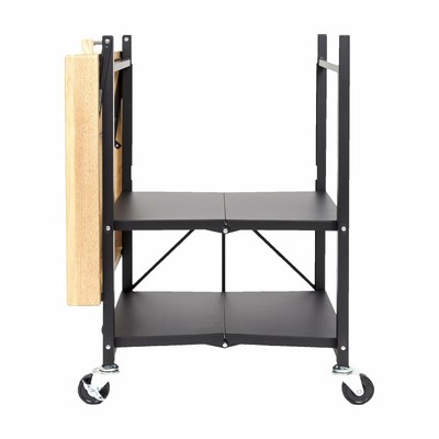 Origami Foldable Wheeled Portable Solid Wood Top Kitchen Island Bar Cart Black