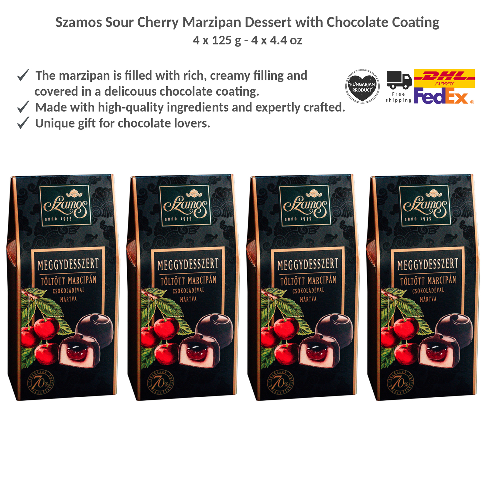 Szamos Sour Cherry Dessert, Handmade Chocolate-Covered Marzipan Bonbon, 4x125g