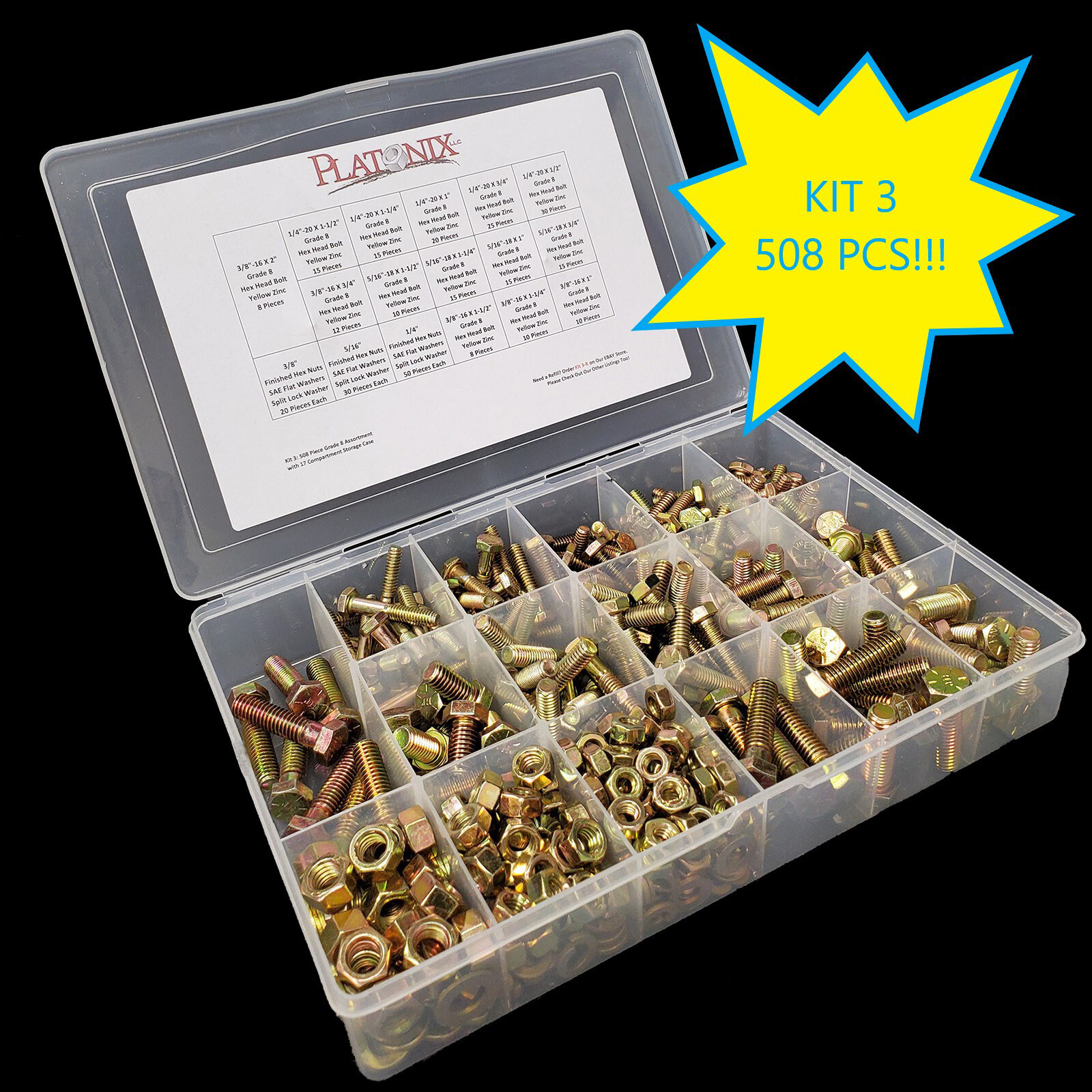 Grade 8 Hex Bolt Washer/Nut Assortment Yellow Zinc (508) Pcs. Coarse Thread