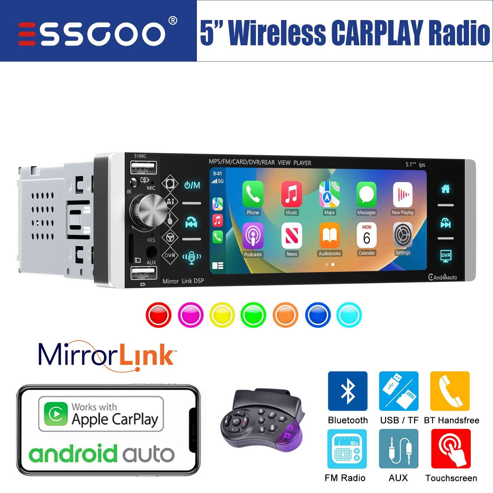 5" Car Stereo 1DIN Wireless Carplay Android Auto IPS Touch Screen Bluetooth USB