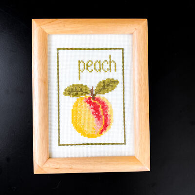 Vtg PEACH Fruit Cross Stitch Needlepoint Stitched Wall Art Framed Kitchen Decor