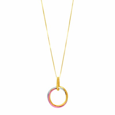 14 Karat Tri-Tone Yellow, White & Rose Gold Three Ring Pendant Necklace ++GIFT 