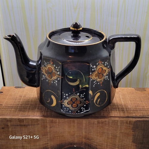 Tea Pot Antique Vintage Wade Heath England Black Hand Enameled Painted Teapot