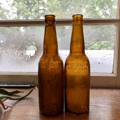 2 Diff Shades Of Amber Pre-Pro GBS Beer Bottles Baltimore MD Maryland Ca 1910