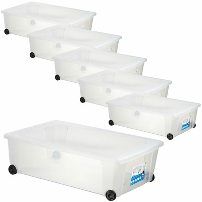 Aufbewahrungsbox mit Deckel und Rollen 6 Stück 30 Liter 59x39x18 transparent