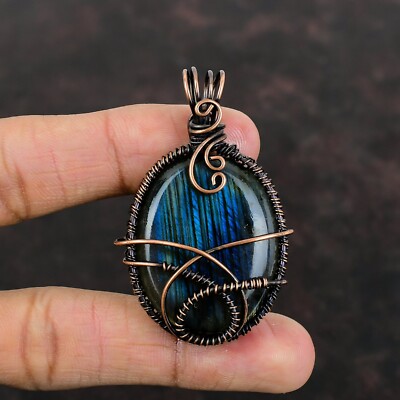 Labradorite Wire Wrapped Pendant Handcrafted Copper Designer Jewelry 2.28''