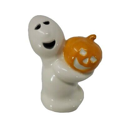 Ghost Holding Jack O'Lantern Pumpkin Ceramic Halloween Vintage Figurine Iowa USA