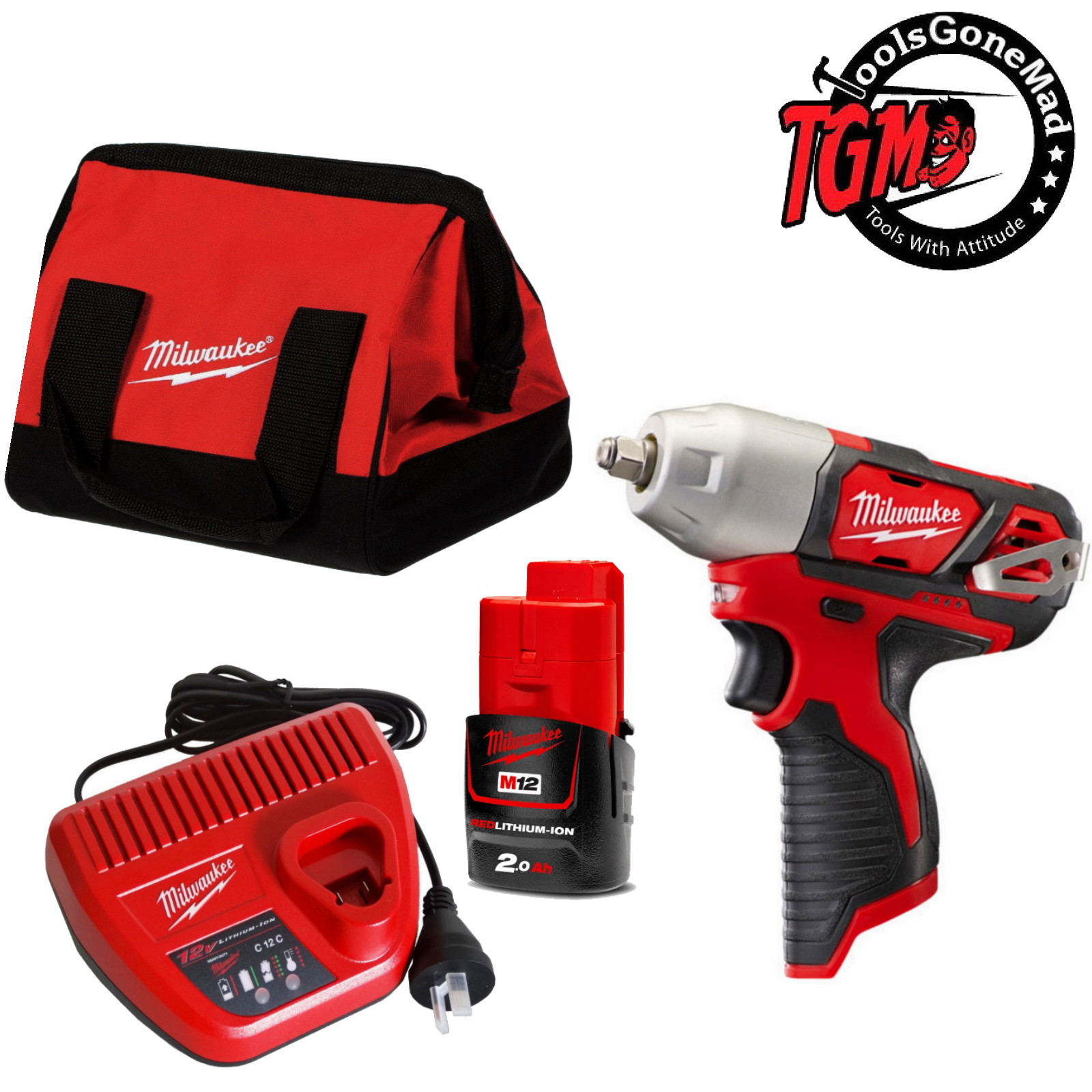 Milwaukee 12V M12 Compact 3/8" Impact Wrench Combo Kit 2.0Ah M12BIW380