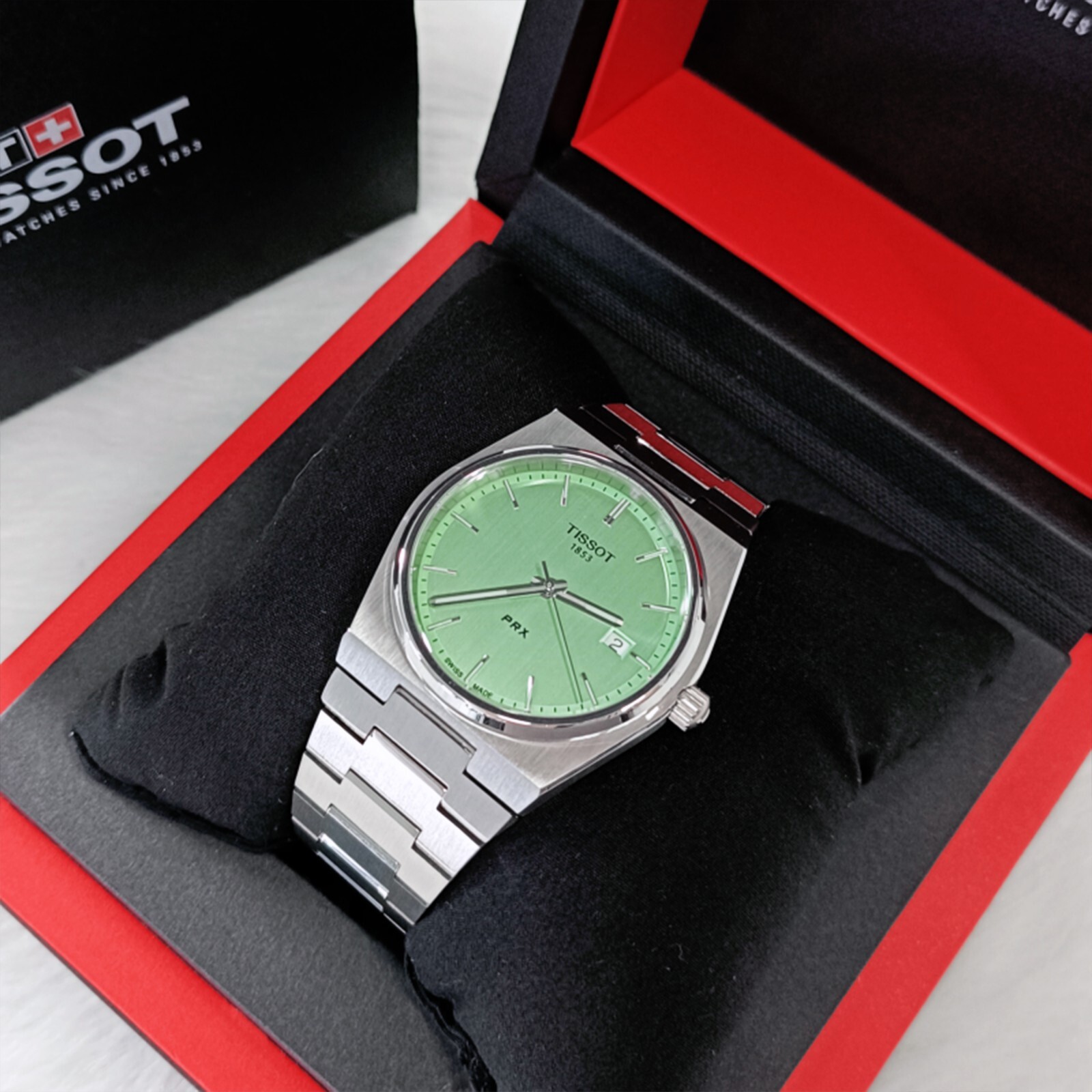 Pre-owned Tissot Men  Classic Prx/316l Mint Green Quartz Watch T137.410.11.091.01 (40mm)