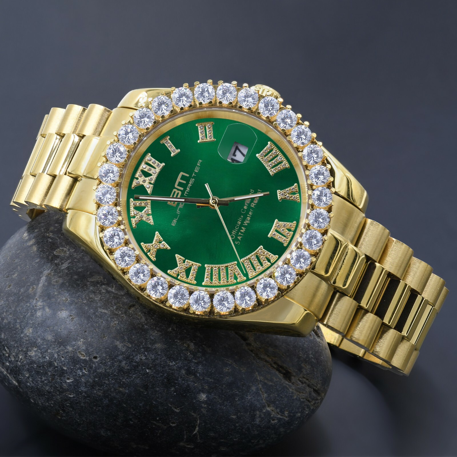 Pre-owned Bling Master Roman Green Dial Solid Steel Men 18k Gold Tone Simulated Diamond President Watch